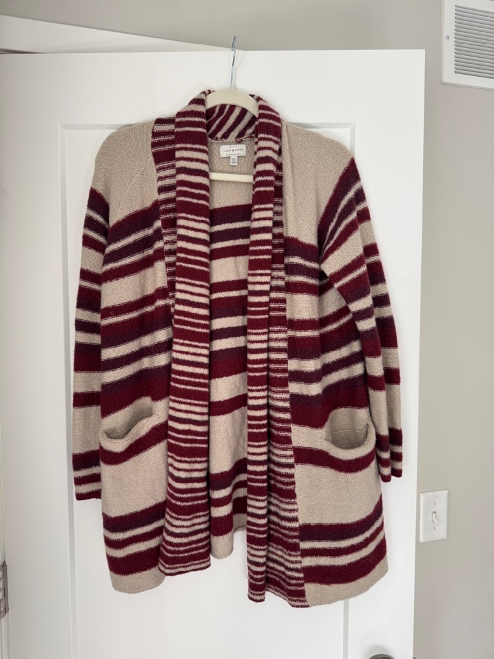 Lucky Brand Striped Open-Front Sweater Cardigan - Beige & Burgundy